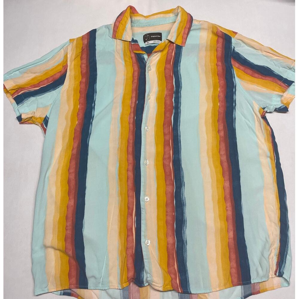 Original Use Men's Short Sleeve, multicolored vertical striped button down , XL